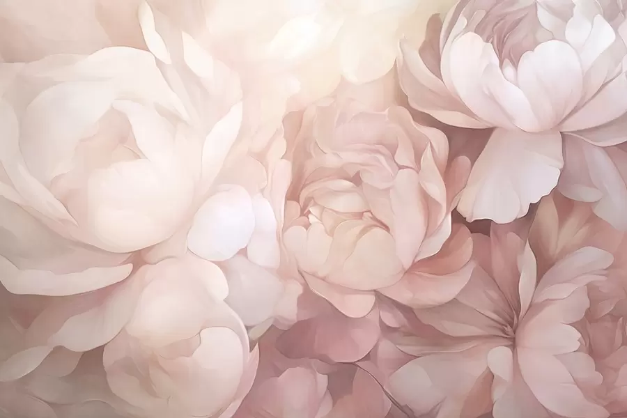 wall murals Light pastel pink peonies with soft, textured delicate petals, arranged closely together, creating a dense floral art, soft lighting w09319