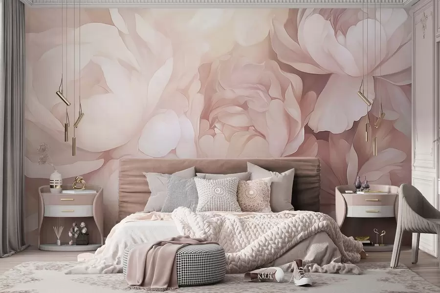 wall murals Light pastel pink peonies with soft, textured delicate petals, arranged closely together, creating a dense floral art, soft lighting w09319
