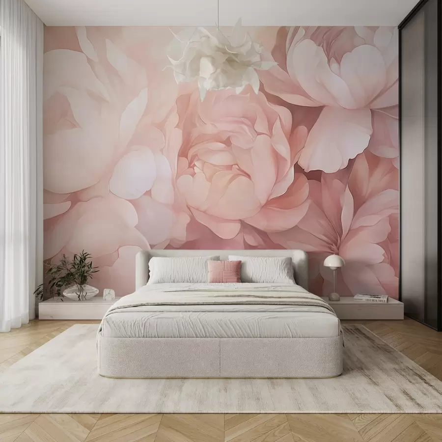 wall murals Light pastel pink peonies with soft, textured delicate petals, arranged closely together, creating a dense floral art, soft lighting w09319