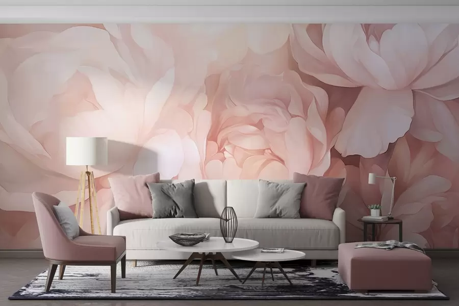 wall murals Light pastel pink peonies with soft, textured delicate petals, arranged closely together, creating a dense floral art, soft lighting w09319