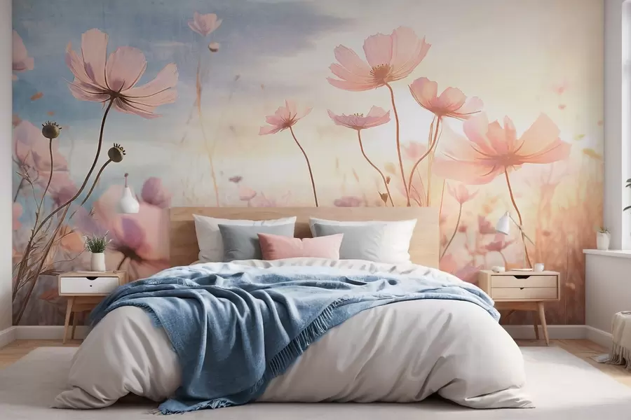 wall murals A field of pink textured flowers with long stems, against a soft blue and yellow sky, creating a dreamy atmosphere w09320