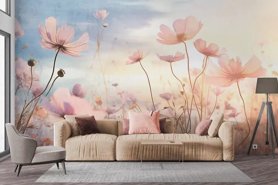 wall murals A field of pink textured flowers with long stems, against a soft blue and yellow sky, creating a dreamy atmosphere w09320