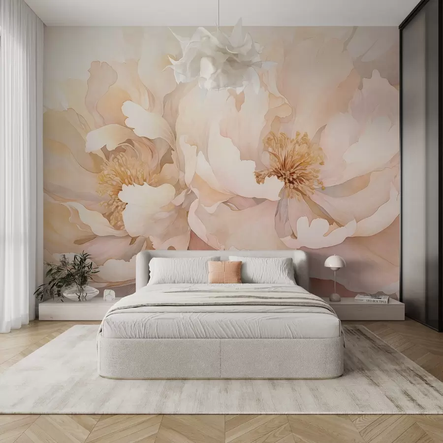 wall murals Peony textured flowers with delicate petals in shades of cream  peach, and light pink with a soft, watercolor-like texture w09321
