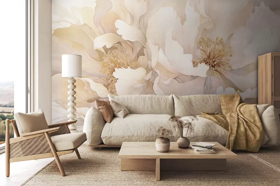 wall murals Peony textured flowers with delicate petals in shades of cream  peach, and light pink with a soft, watercolor-like texture w09321