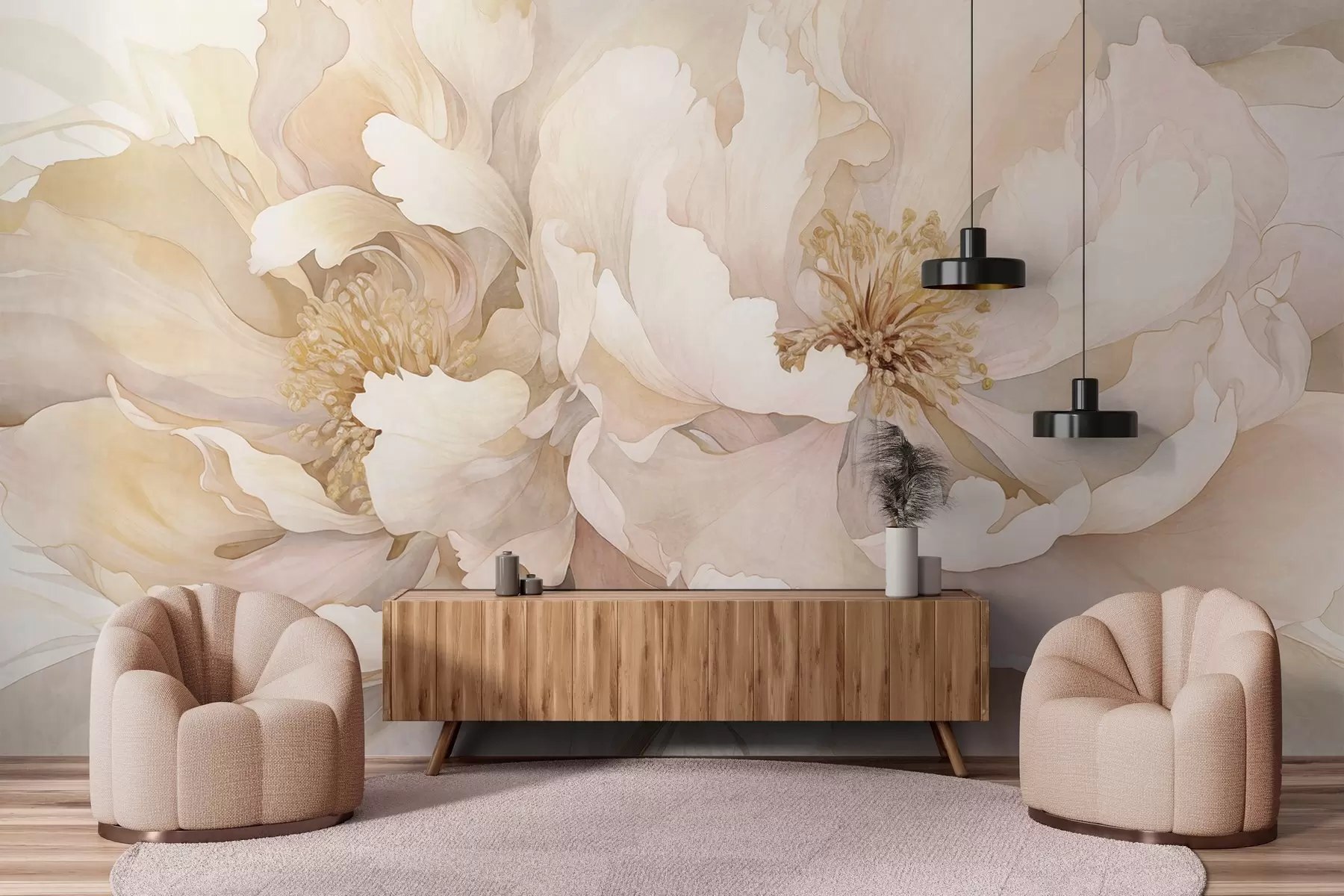 wall murals Peony textured flowers with delicate petals in shades of cream  peach, and light pink with a soft, watercolor-like texture w09321