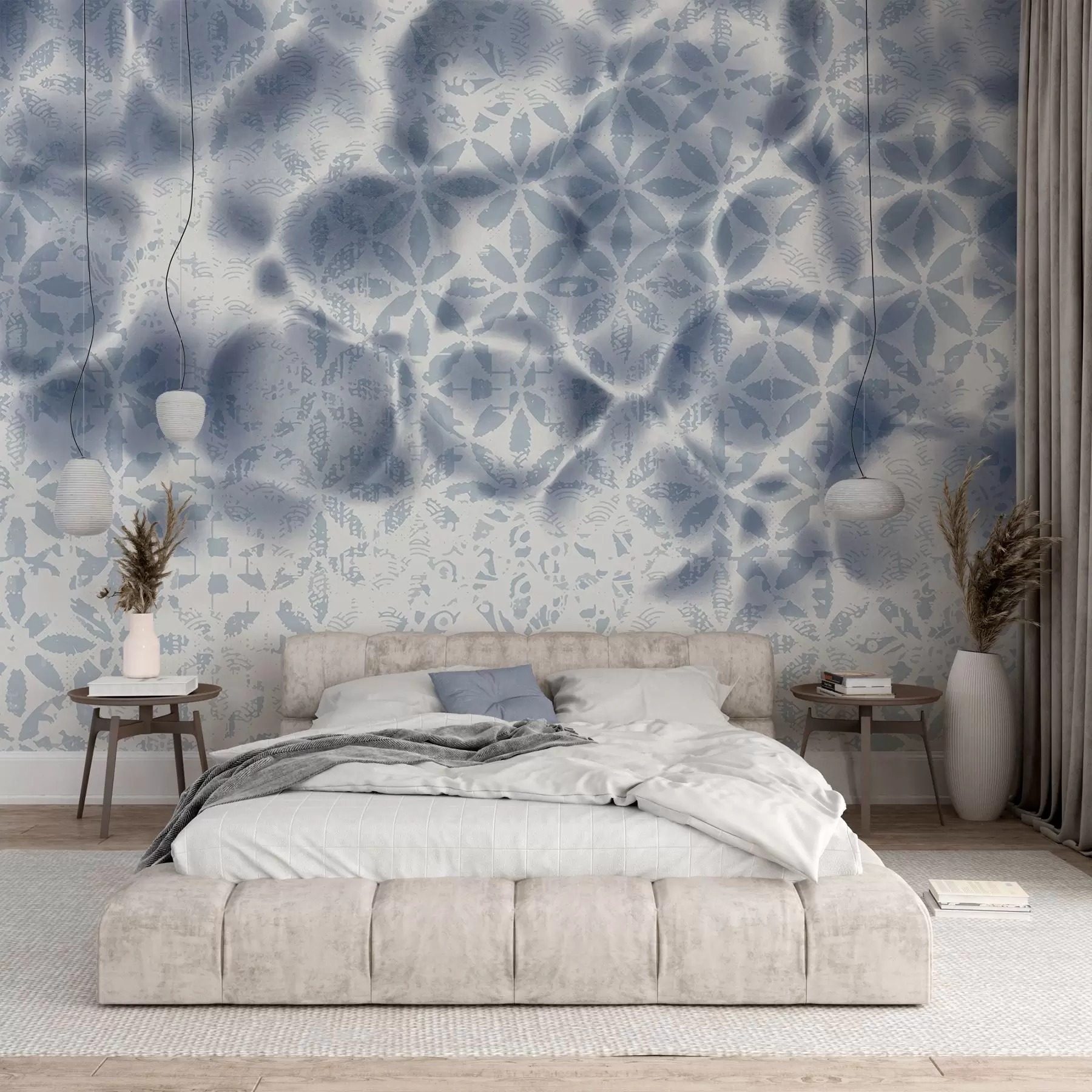 wall murals Abstract textured art with blue floral print, faded and blurred effect, creating a soft and dreamy atmosphere w09322