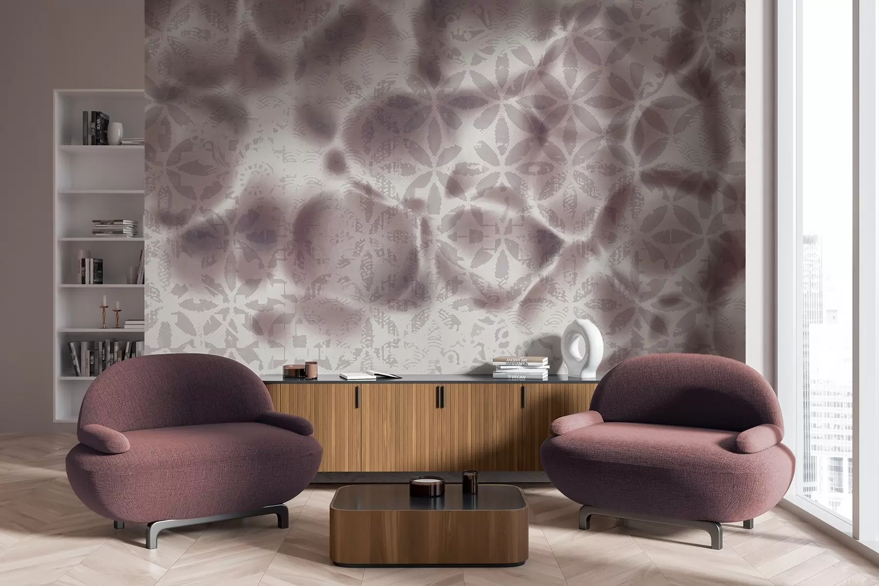 wall murals Abstract textured art with bordo floral print, faded and blurred effect, creating a soft and dreamy atmosphere w09322v1