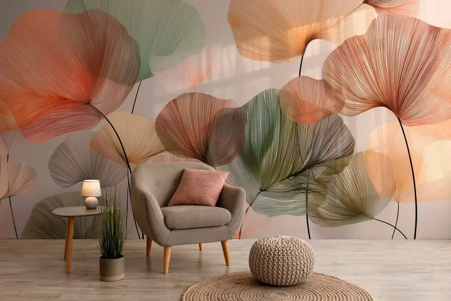 wall murals multicolored ginkgo leaves with veins w04305