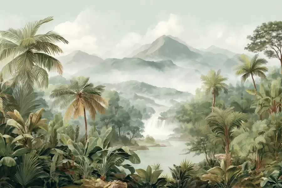 wall murals tropical jungle with waterfall w04306
