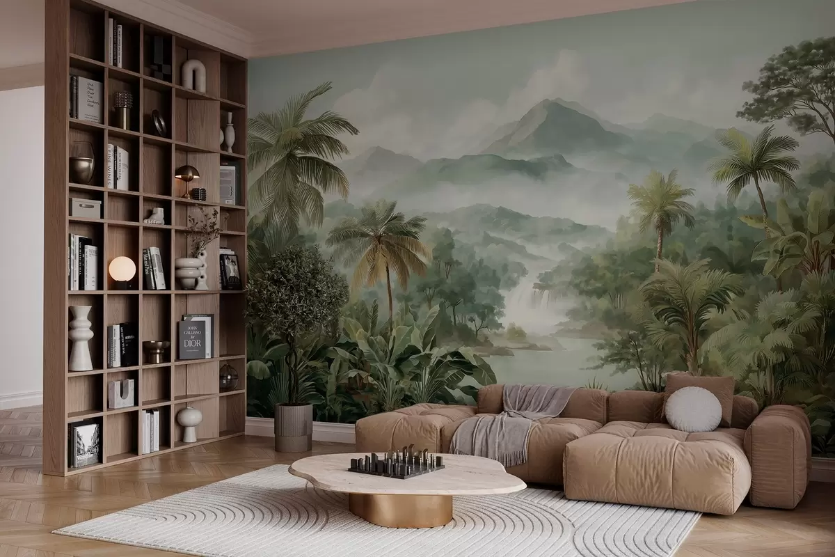 wall murals tropical jungle with waterfall w04306
