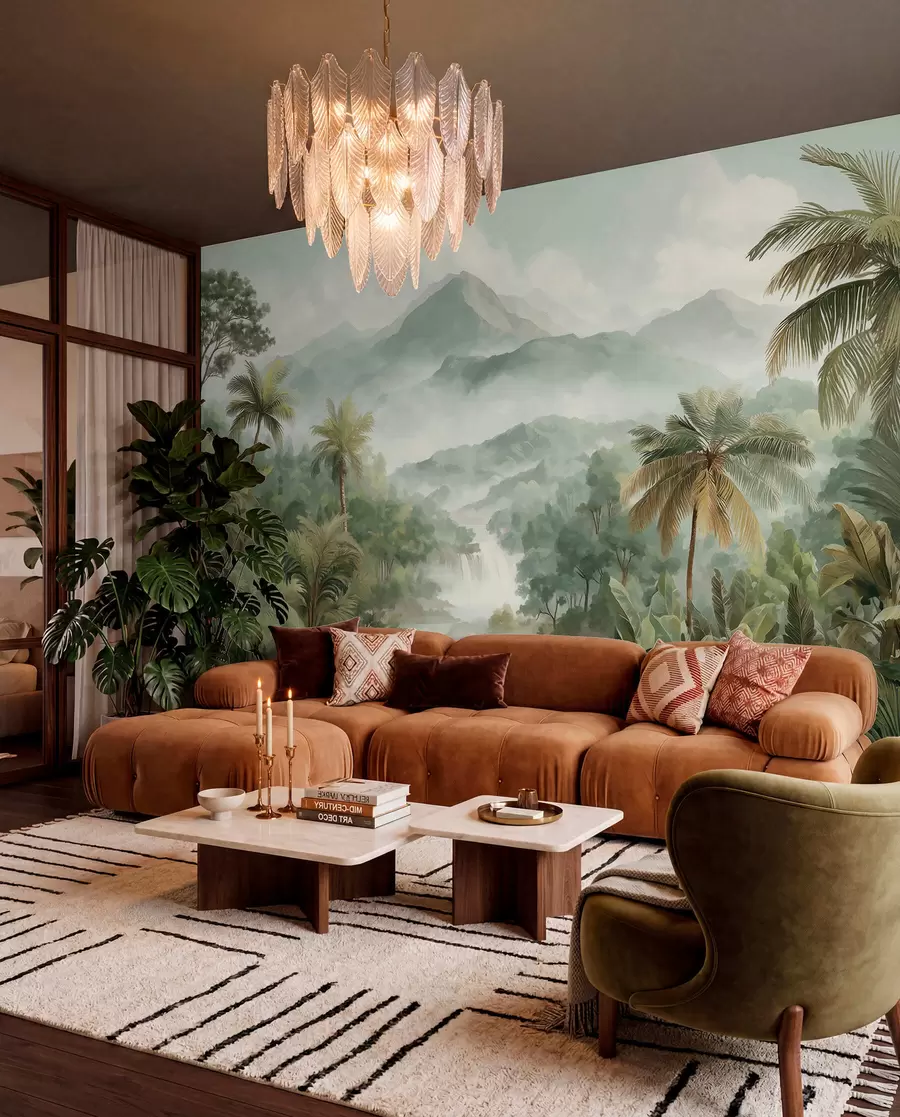 wall murals tropical jungle with waterfall w04306
