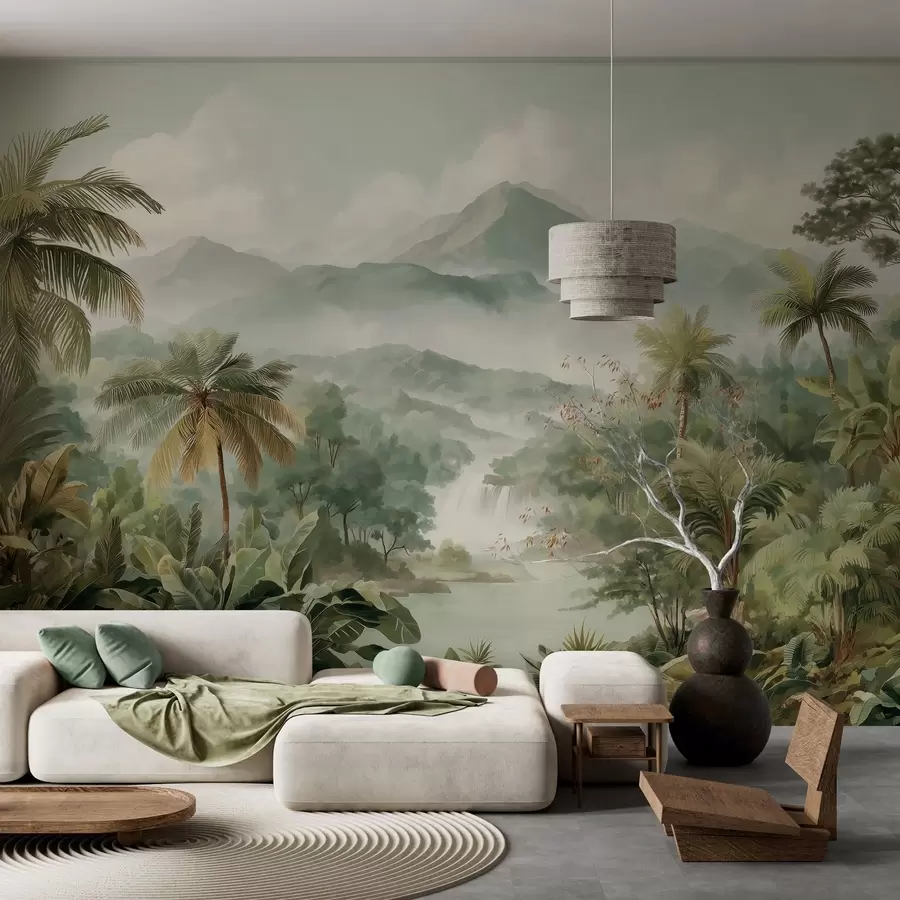 wall murals tropical jungle with waterfall w04306