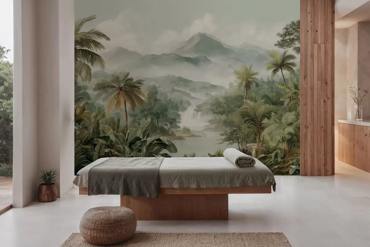 wall murals tropical jungle with waterfall w04306