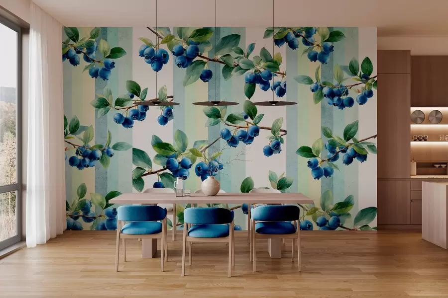 wall murals blueberry clusters on a striped background w04307