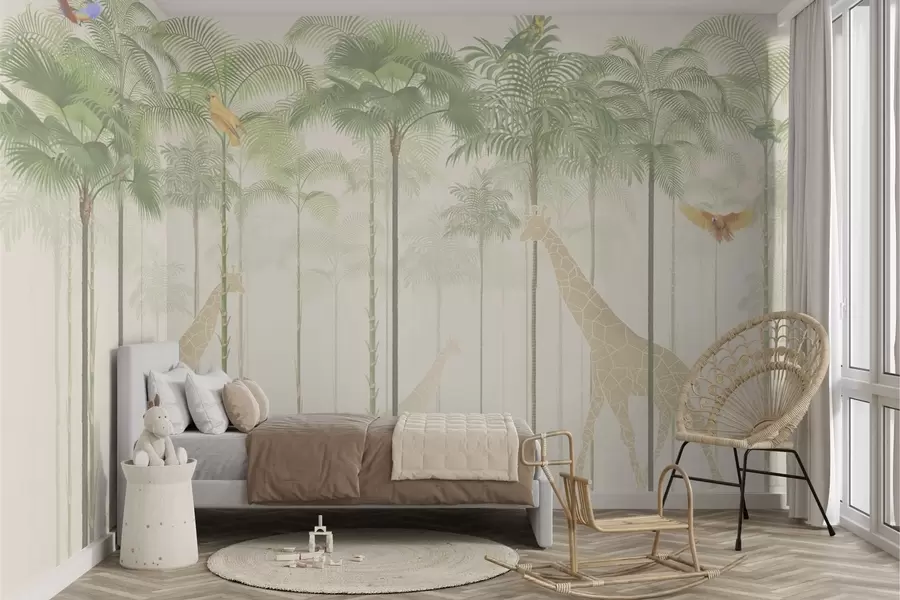 wall murals Giraffes and tropical birds among tall palm trees w04400