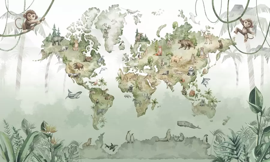 wall murals Watercolor-style world map with animals w04418