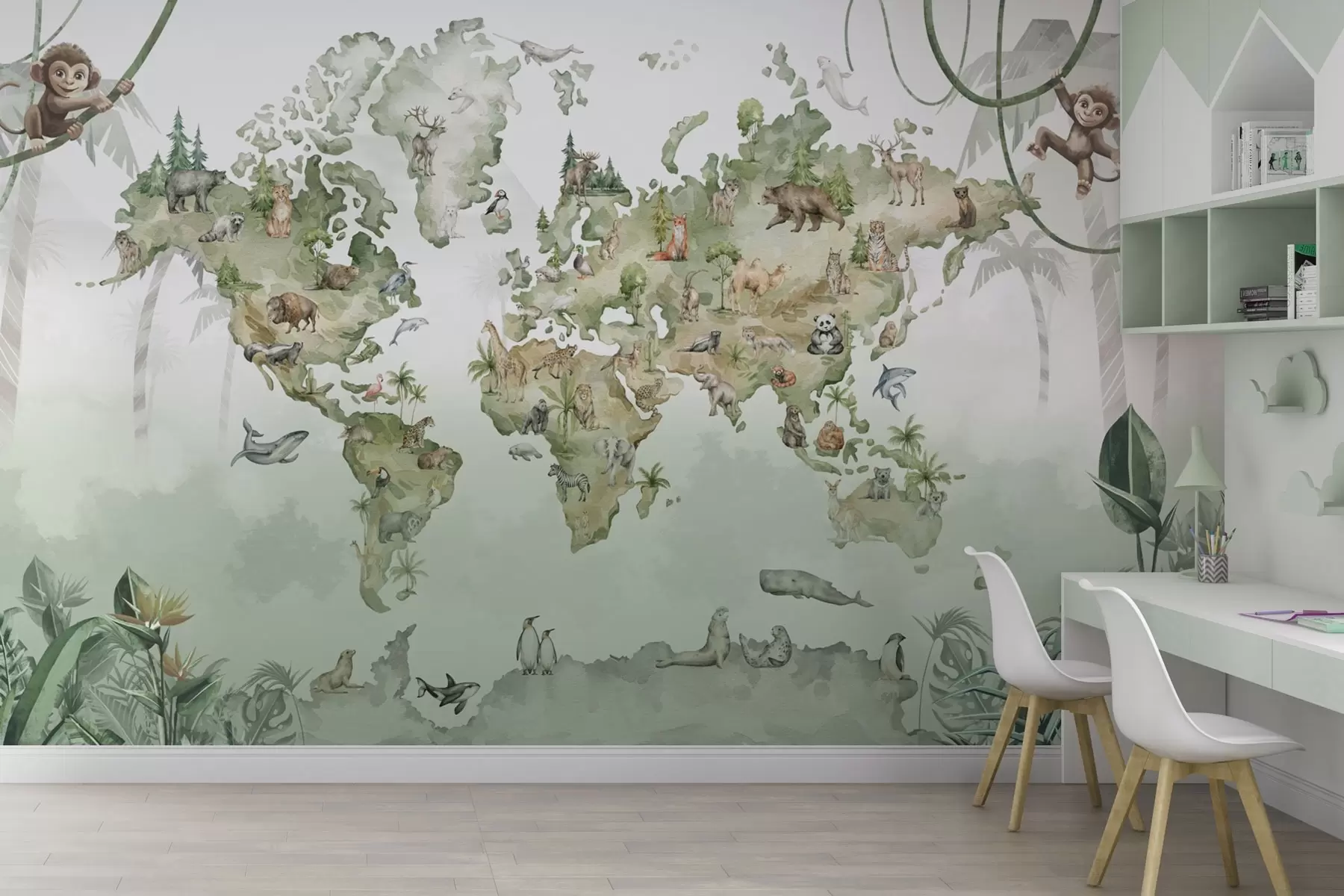 wall murals Watercolor-style world map with animals w04418