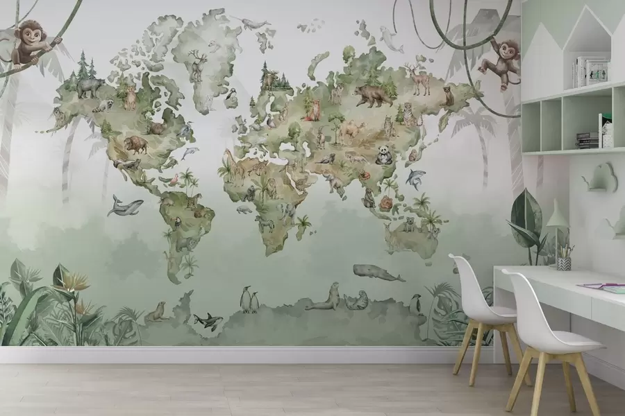 wall murals Watercolor-style world map with animals w04418