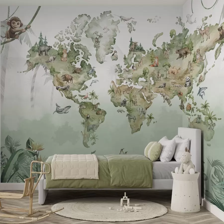 wall murals Watercolor-style world map with animals w04418