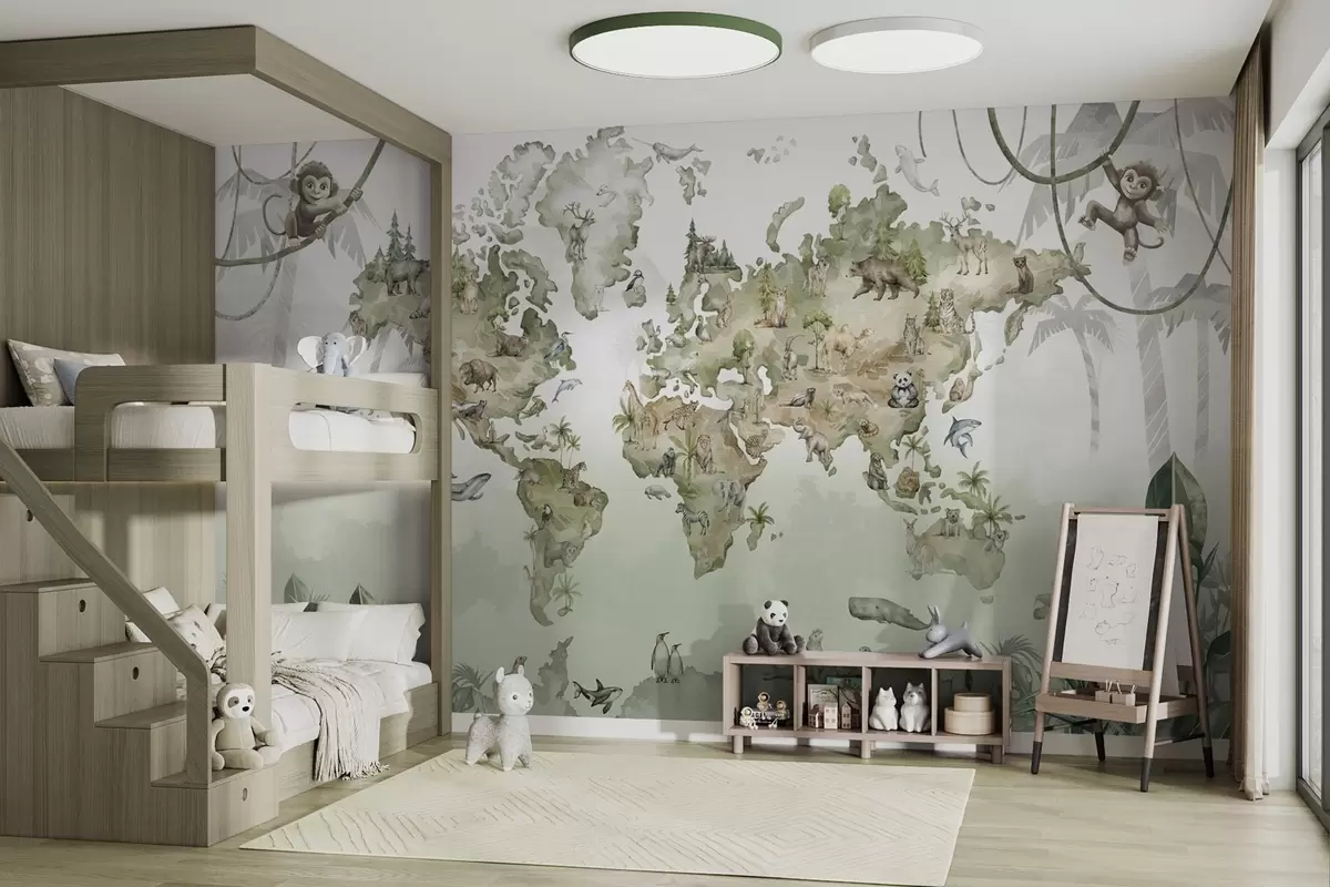 wall murals Illustrated world map with animals and jungles w04418v1
