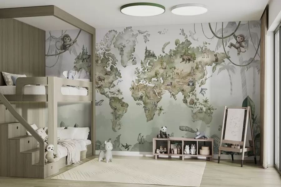 wall murals Illustrated world map with animals and jungles w04418v1