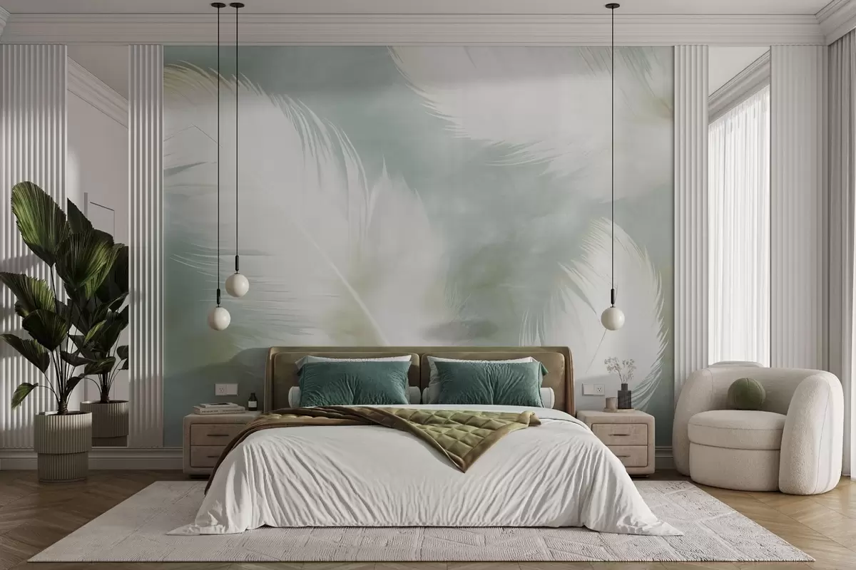 wall murals Delicate white feathers on a soft mint background w04399