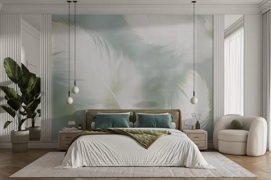 wall murals Delicate white feathers on a soft mint background w04399