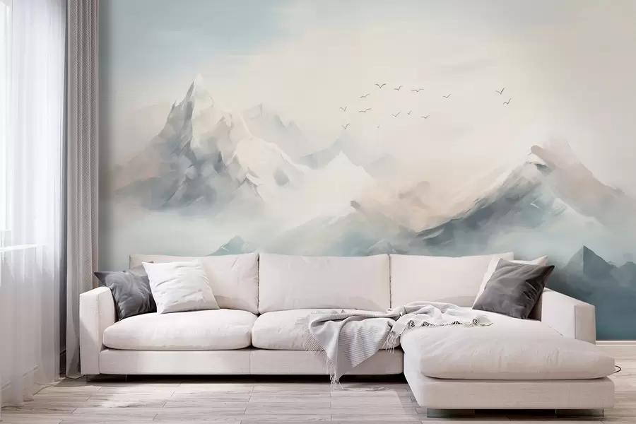 wall murals Snow-covered mountain peaks in morning mist with soaring birds w09326
