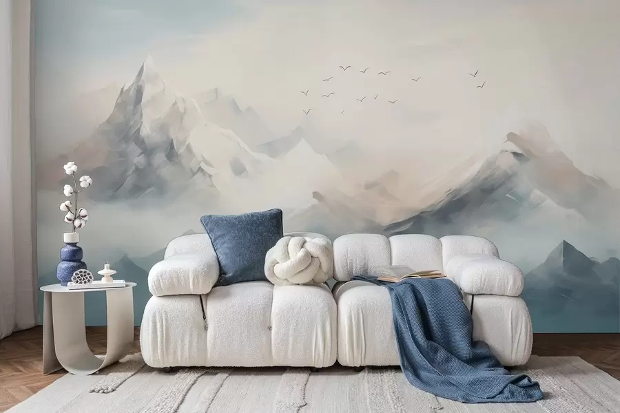 wall murals Snow-covered mountain peaks in morning mist with soaring birds w09326