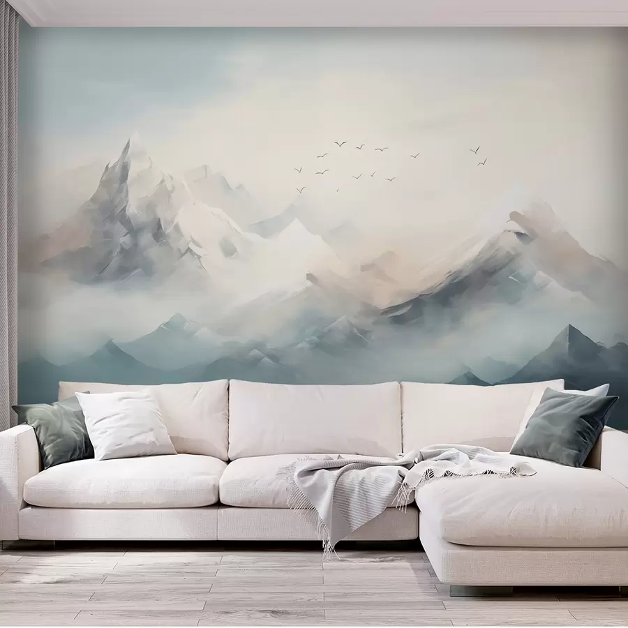 wall murals Snow-covered mountain peaks in morning mist with soaring birds w09326
