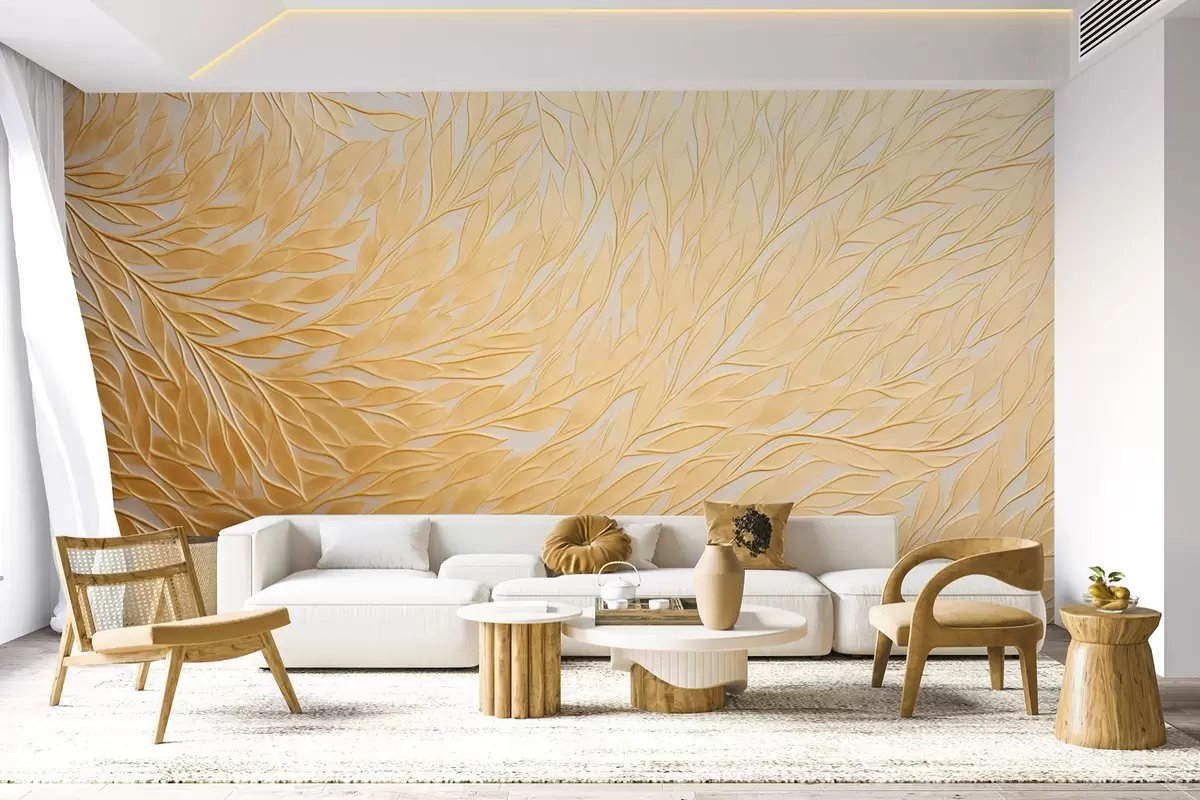 wall murals Embossed leaf pattern in warm honey-yellow tones w09325
