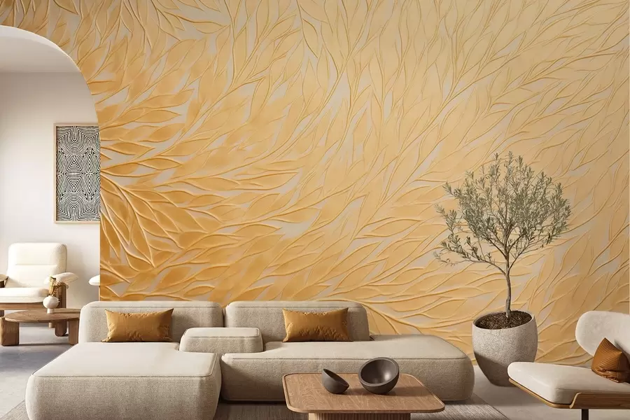 wall murals Embossed leaf pattern in warm honey-yellow tones w09325