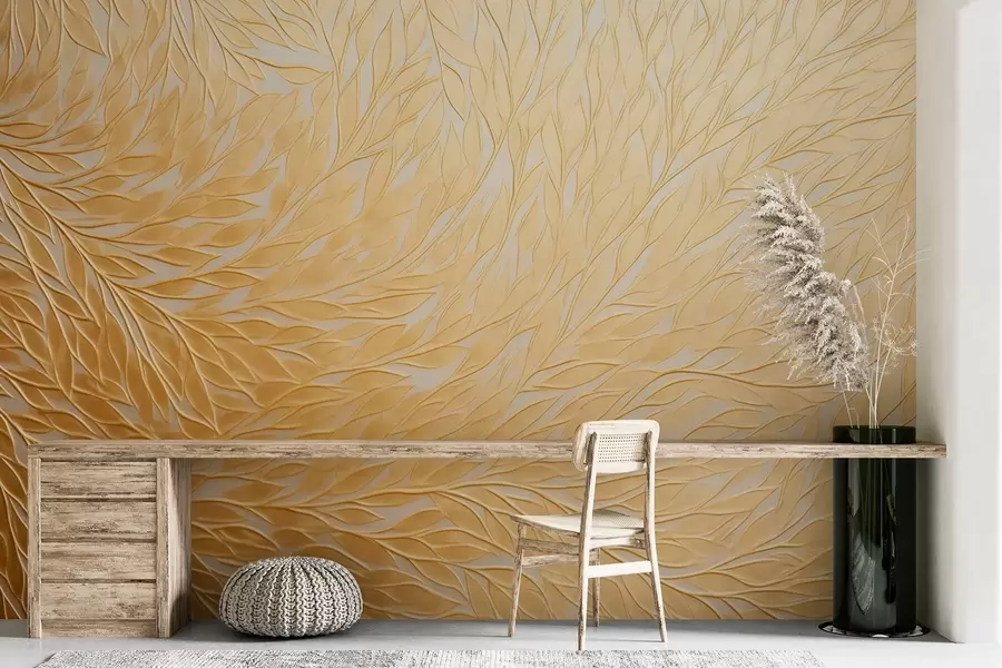wall murals Embossed leaf pattern in warm honey-yellow tones w09325