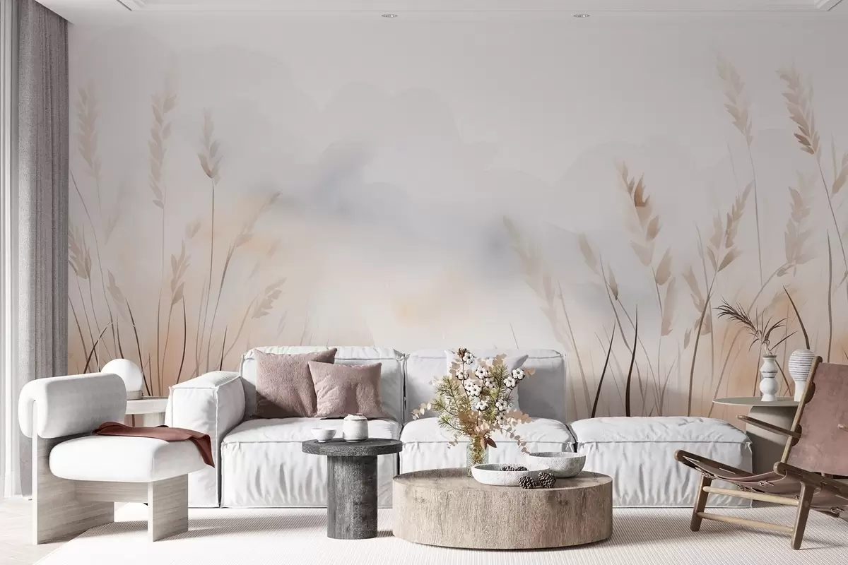 wall murals Grain ears in mist in soft beige and brown shades w09327