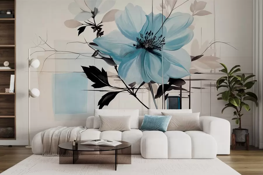 wall murals Abstract textured blue flower with dark leaves and branches, geometric minimalistic shapes and lines in muted colors w09332