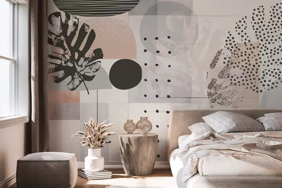 wall murals Abstract print with geometric shapes and monstera tropical leaves, circles, dots and lines, modern and minimalist design w09333