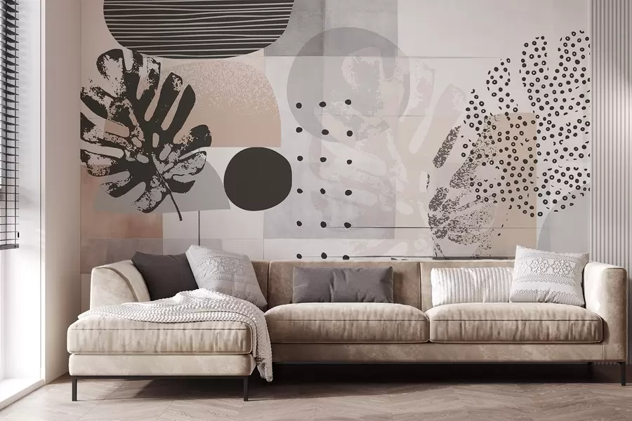 wall murals Abstract print with geometric shapes and monstera tropical leaves, circles, dots and lines, modern and minimalist design w09333