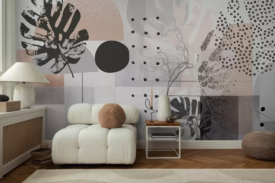 wall murals Abstract print with geometric shapes and monstera tropical leaves, circles, dots and lines, modern and minimalist design w09333