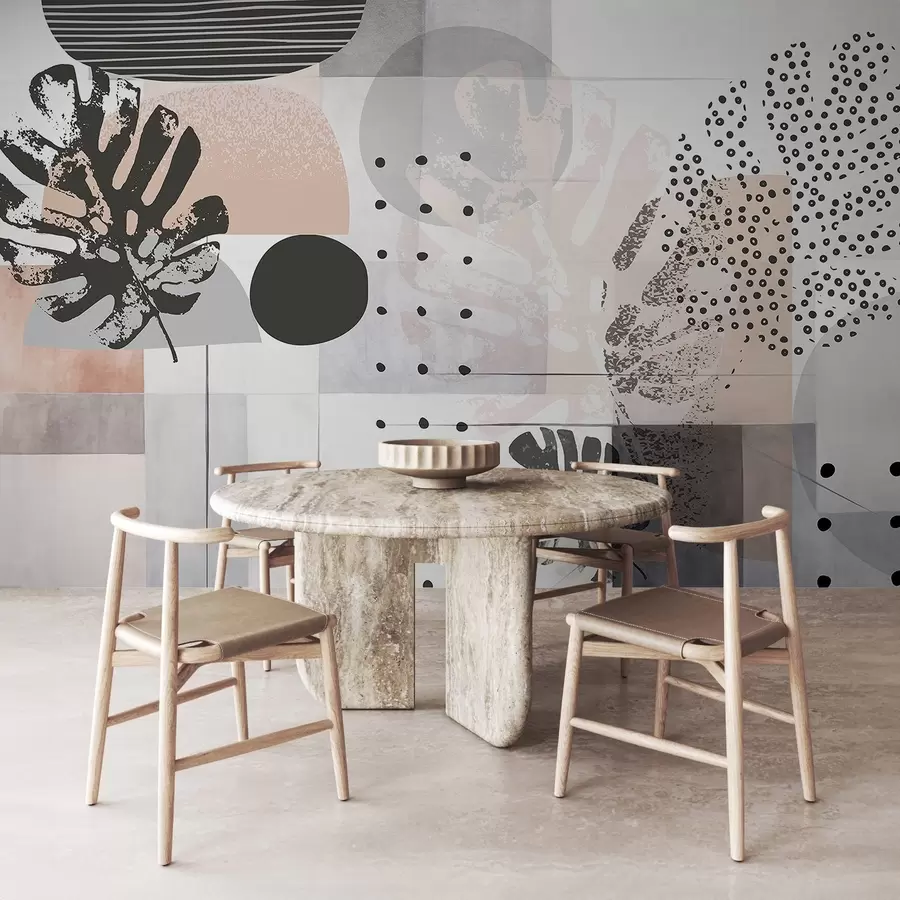 wall murals Abstract print with geometric shapes and monstera tropical leaves, circles, dots and lines, modern and minimalist design w09333