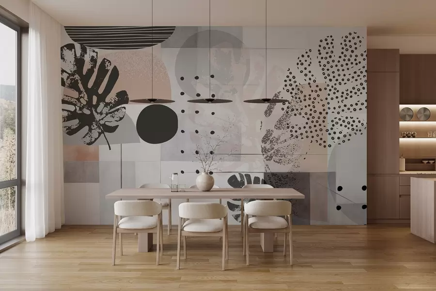 wall murals Abstract print with geometric shapes and monstera tropical leaves, circles, dots and lines, modern and minimalist design w09333