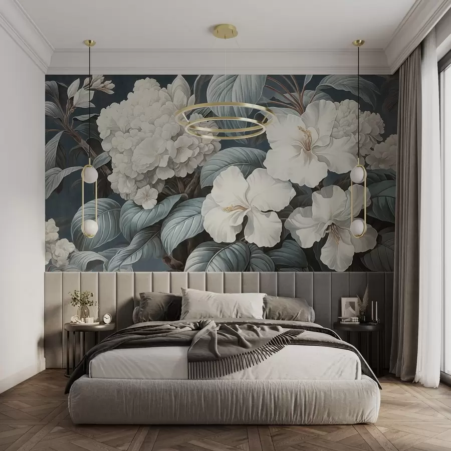 wall murals White tropical flowers with delicate petals and leaves in a dark blue background, vintage textured style, botanical illustration w09334