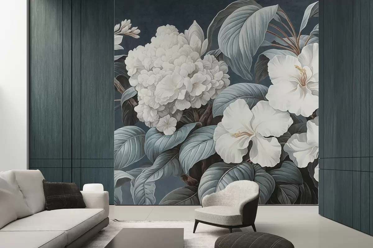 wall murals White tropical flowers with delicate petals and leaves in a dark blue background, vintage textured style, botanical illustration w09334