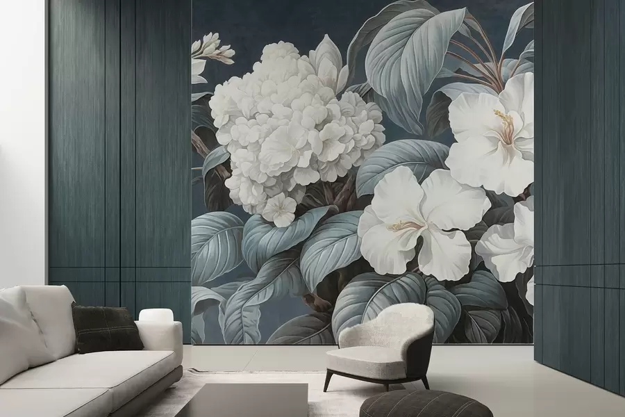 wall murals White tropical flowers with delicate petals and leaves in a dark blue background, vintage textured style, botanical illustration w09334