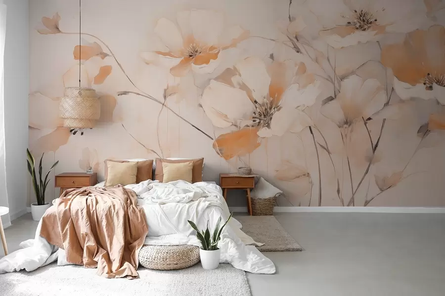wall murals White and orange textured flowers with long stems, light background, soft colors, elegant composition, delicate brushstrokes w09335