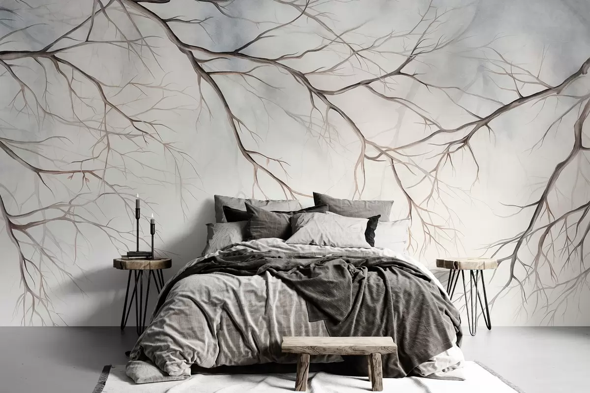 wall murals Tree branches with a watercolor textured effect , intricate details, soft color palette, against a light background w09337