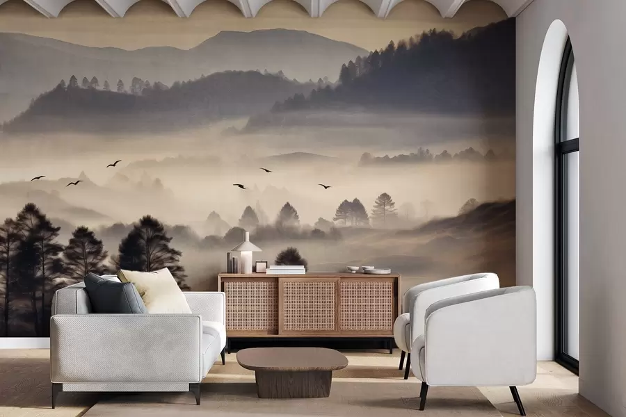wall murals Textured mountain landscape with layers of fog, silhouetted trees in the foreground, distant mountain range, soft lighting w09338