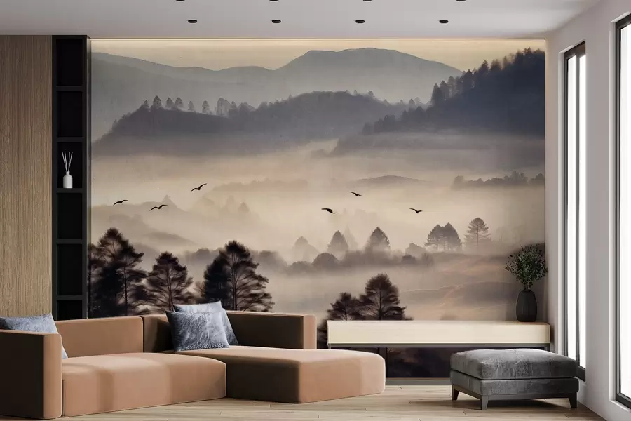 wall murals Textured mountain landscape with layers of fog, silhouetted trees in the foreground, distant mountain range, soft lighting w09338