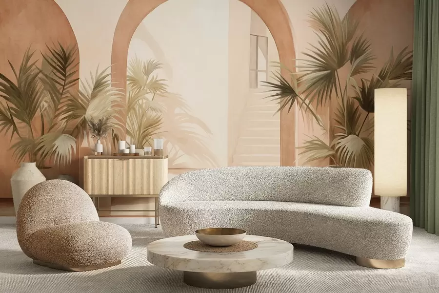wall murals Textured arches with potted plants, light beige color palette, minimalist design, staircase in the background w09339