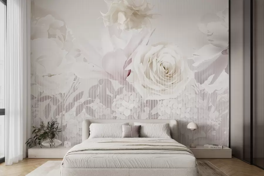 wall murals Floral arrangement featuring roses, hydrangeas , and tulips in soft pastel shades of white, pink  and beige, with striped texture w09340