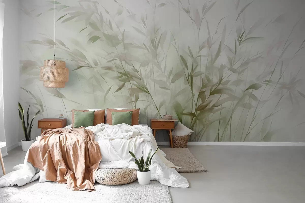 wall murals Grass and weeds with thin leaves and stems, light green and brown colors, soft and delicate brushstrokes, minimalist print w09342